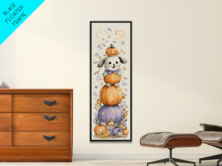 The Pumpkin Puppy, Watercolor Halloween Art, Tall Narrow Wall Art, Framed Canvas Print, Cute Halloween Wall Art