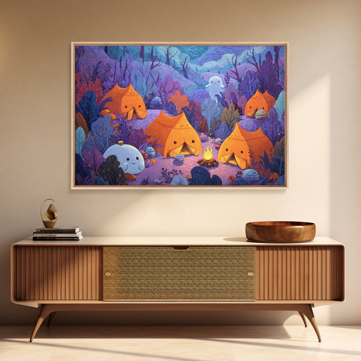 The Pumpkin Campout, Crayon Halloween Art, Landscape Wall Art, Framed Canvas Print, Cute Halloween Wall Art