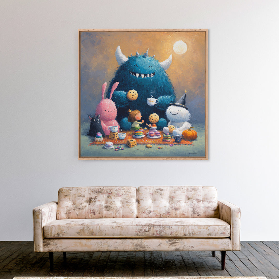 The Monster Under The Bed Tea Party, Pastel Halloween Art, Square Wall Art, Canvas Print, Cute Halloween Wall Art