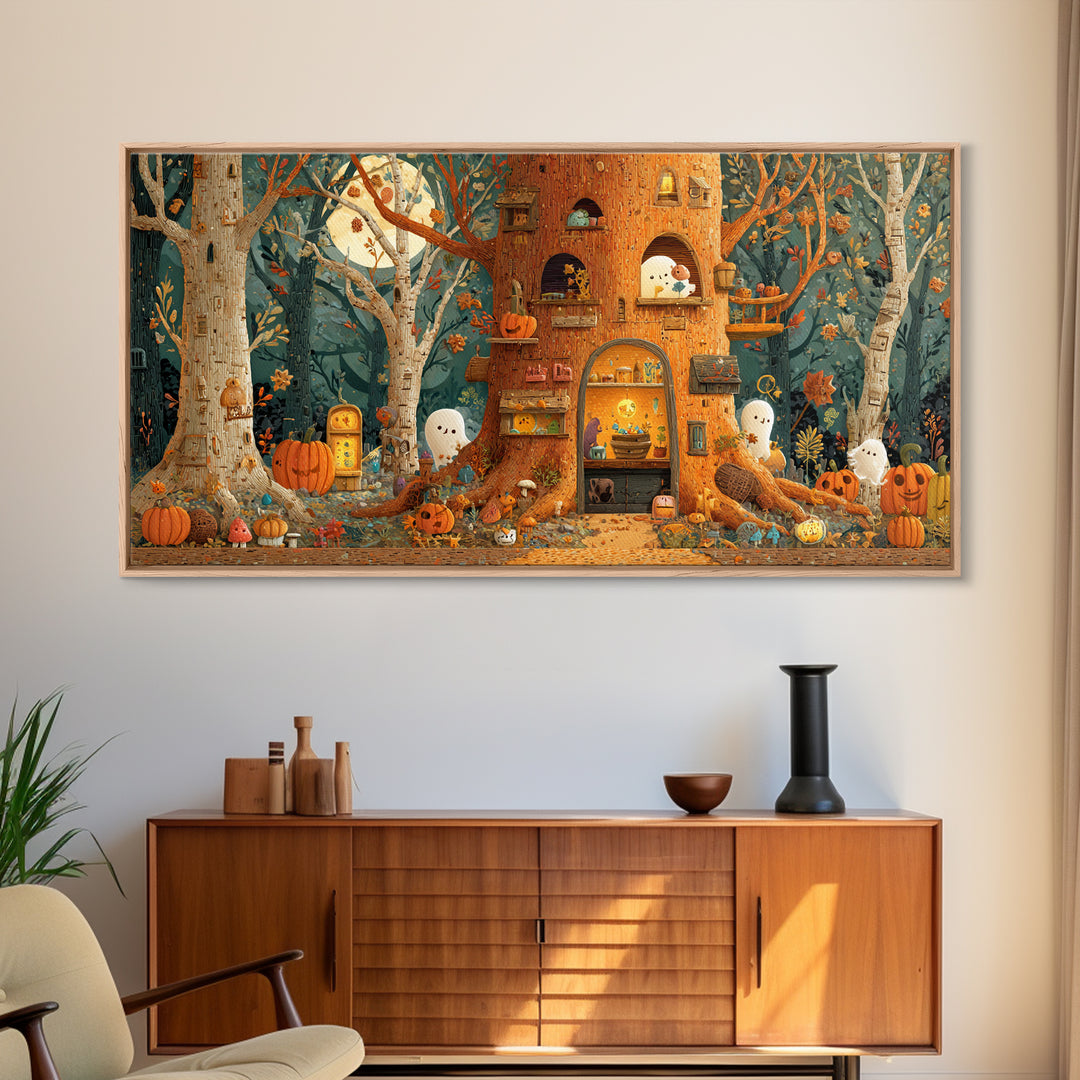 The Cozy Hollow Tree, Paper Collage Halloween, Wide Panoramic Art, Framed Canvas Print, Cute Halloween Wall Art