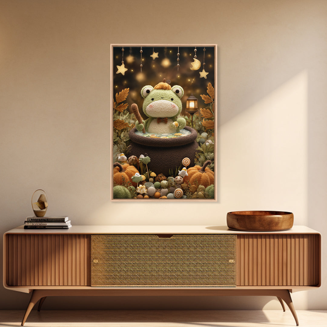 The Cauldron Frog, Plush Halloween Art, Vertical Wall Art, Canvas Print, Cute Halloween Wall Art, Whimsical Nursery Decor