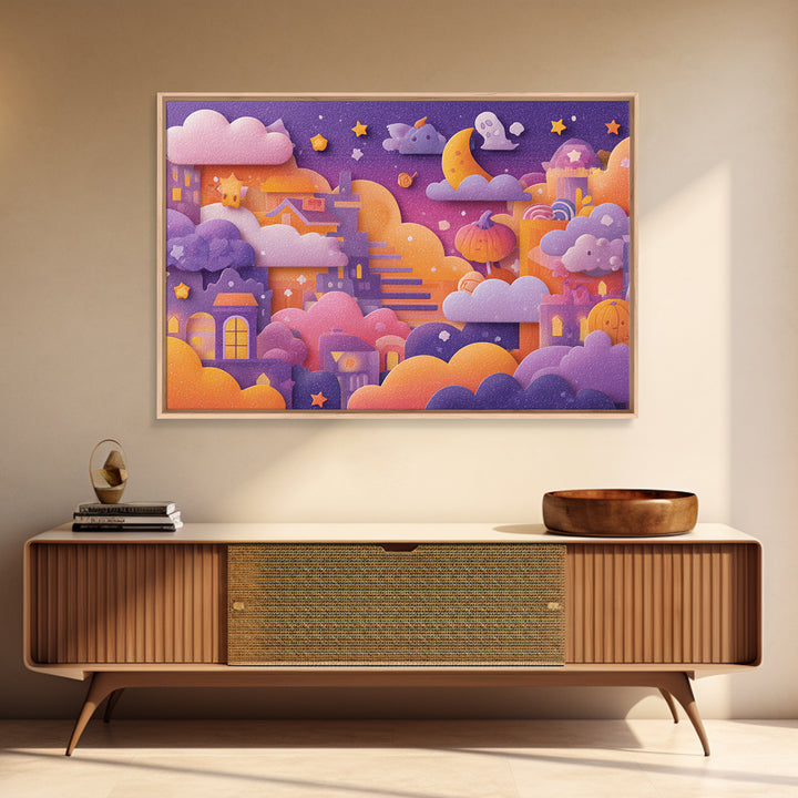 The Halloween Cloud Kingdom, Kawaii Halloween Art, Landscape Wall Art, Framed Canvas Print, Cute Halloween Wall Art