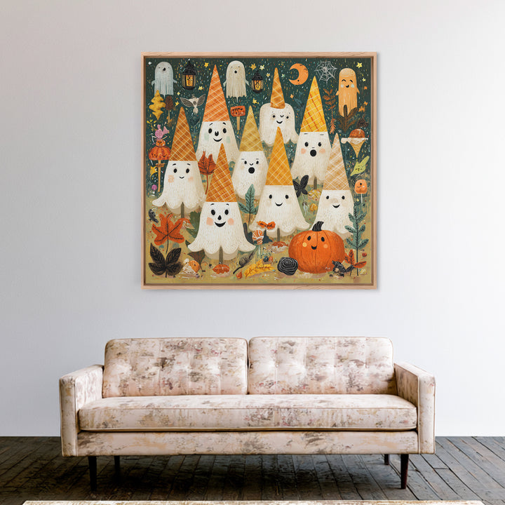The Ice-Cream Ghost Parade, Retro Halloween Art, Square Wall Art, Canvas Print, Cute Halloween Wall Art