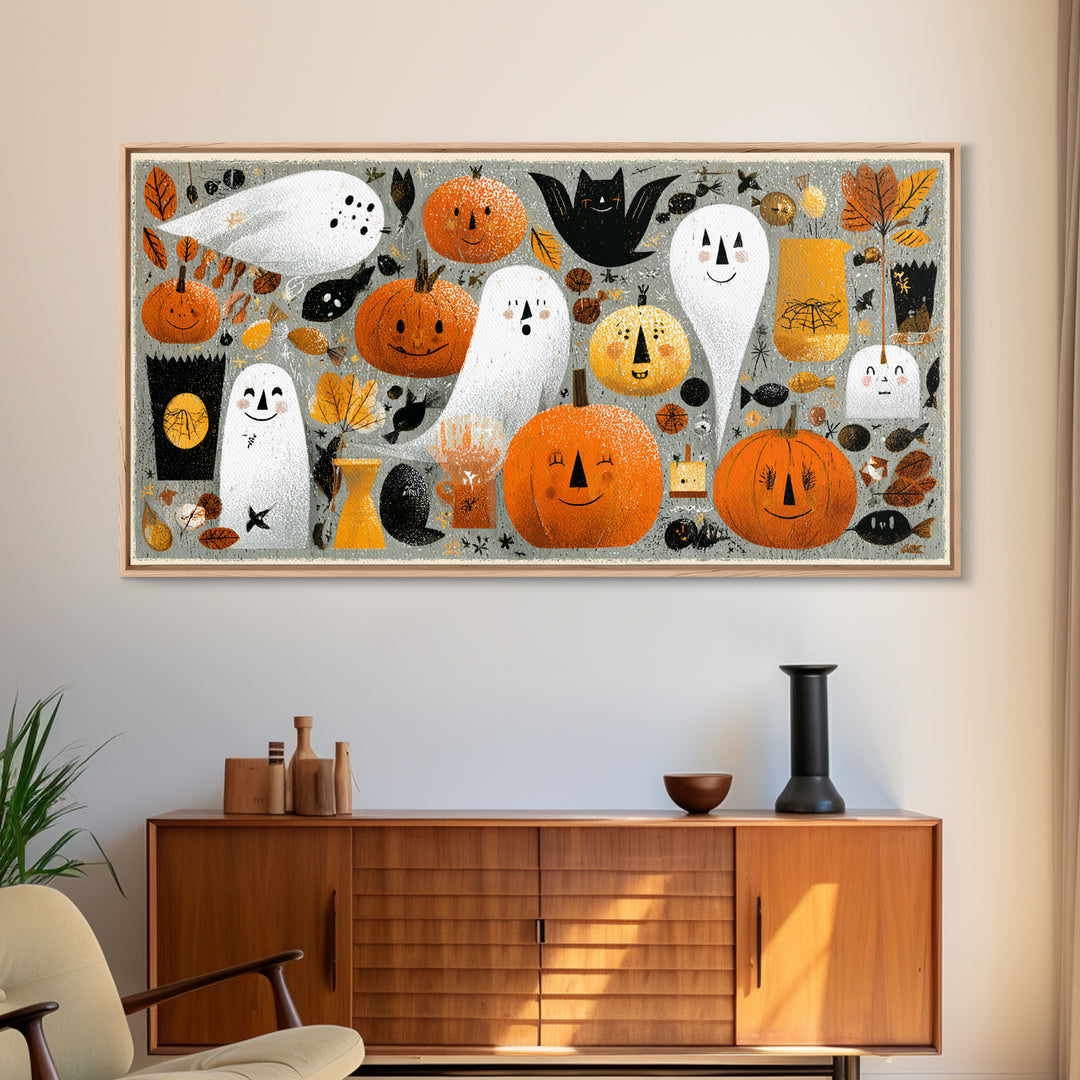 The Halloween Craft Table, Screenprint Halloween Art, Wide Panoramic Art, Framed Canvas Print, Cute Halloween Wall Art