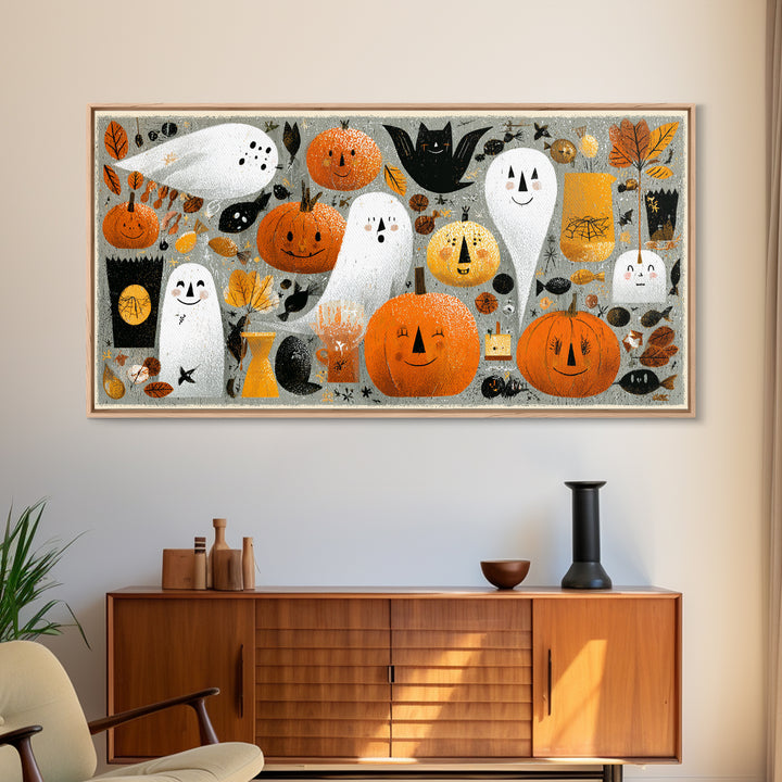 The Halloween Craft Table, Screenprint Halloween Art, Wide Panoramic Art, Framed Canvas Print, Cute Halloween Wall Art