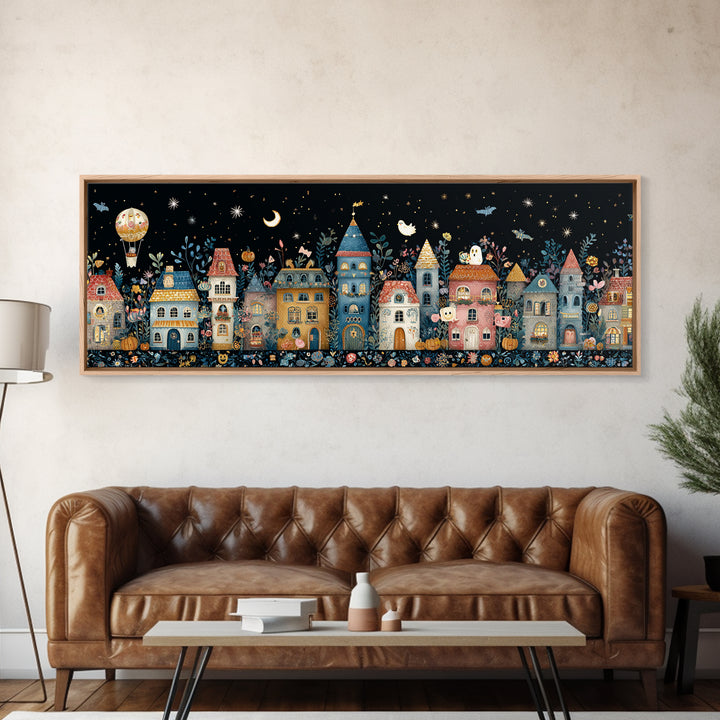 The Ghost Balloon City, Folk Halloween Art, Extra Wide Wall Art, Canvas Print, Cute Halloween Wall Art