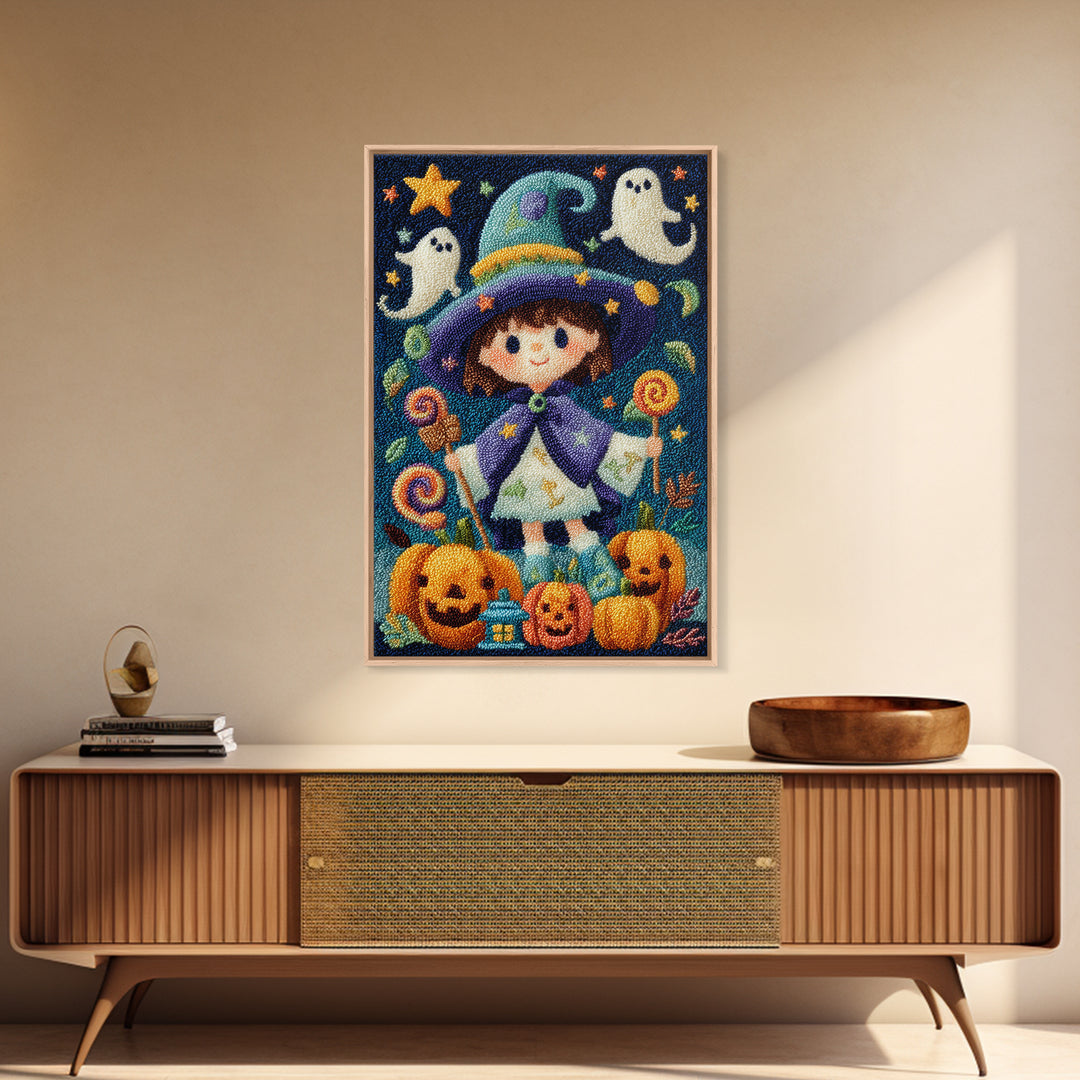 The Star-Cape Magician, Embroidered Halloween Art, Vertical Wall Art, Canvas Print, Cute Halloween Wall Art
