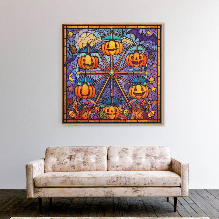 The Pumpkin Ferris Wheel, Stained Glass Halloween, Square Wall Art, Canvas Print, Cute Halloween Wall Art