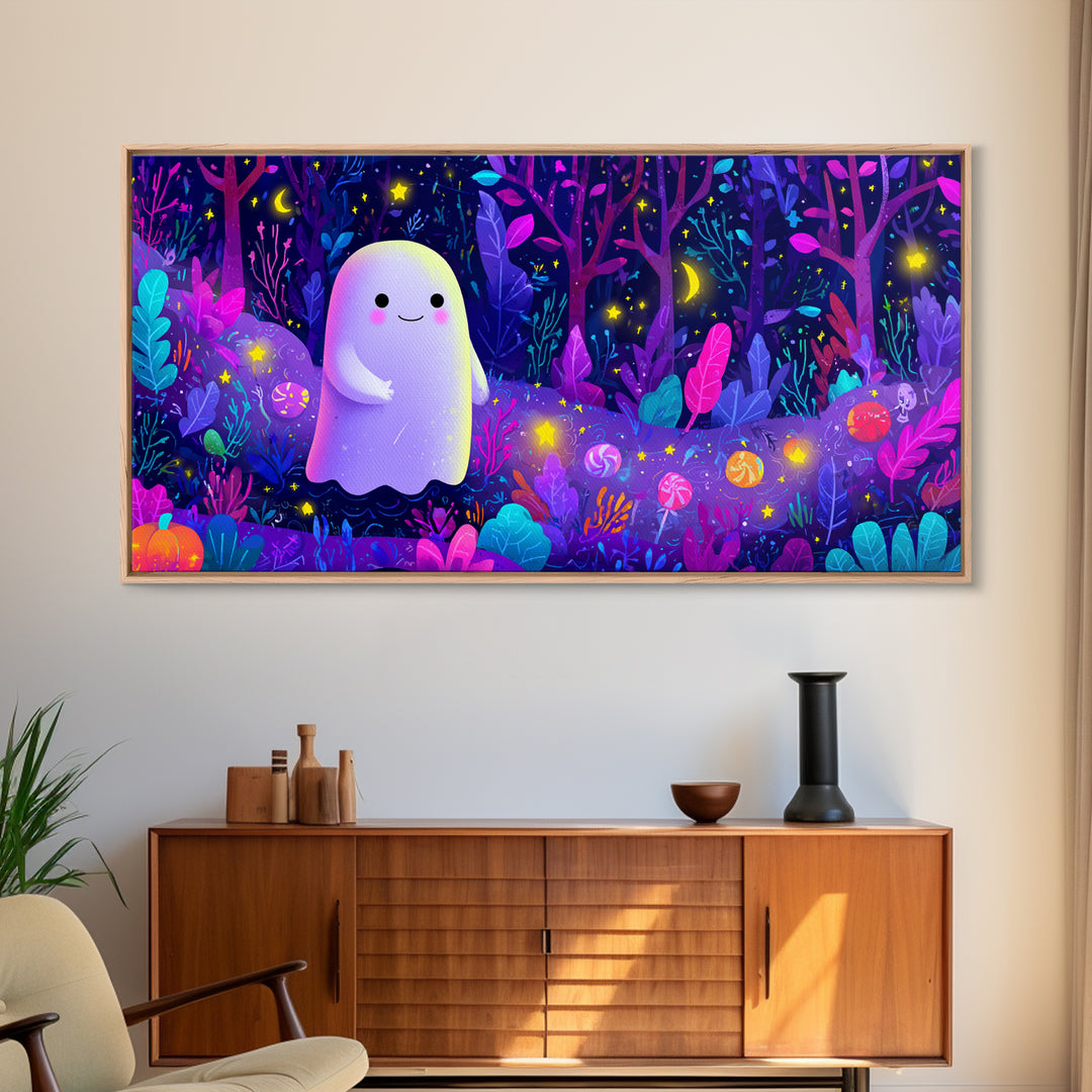 The Ghost And Firefly Friends, Vaporwave Halloween Art, Wide Panoramic Art, Framed Canvas Print, Cute Halloween Wall Art