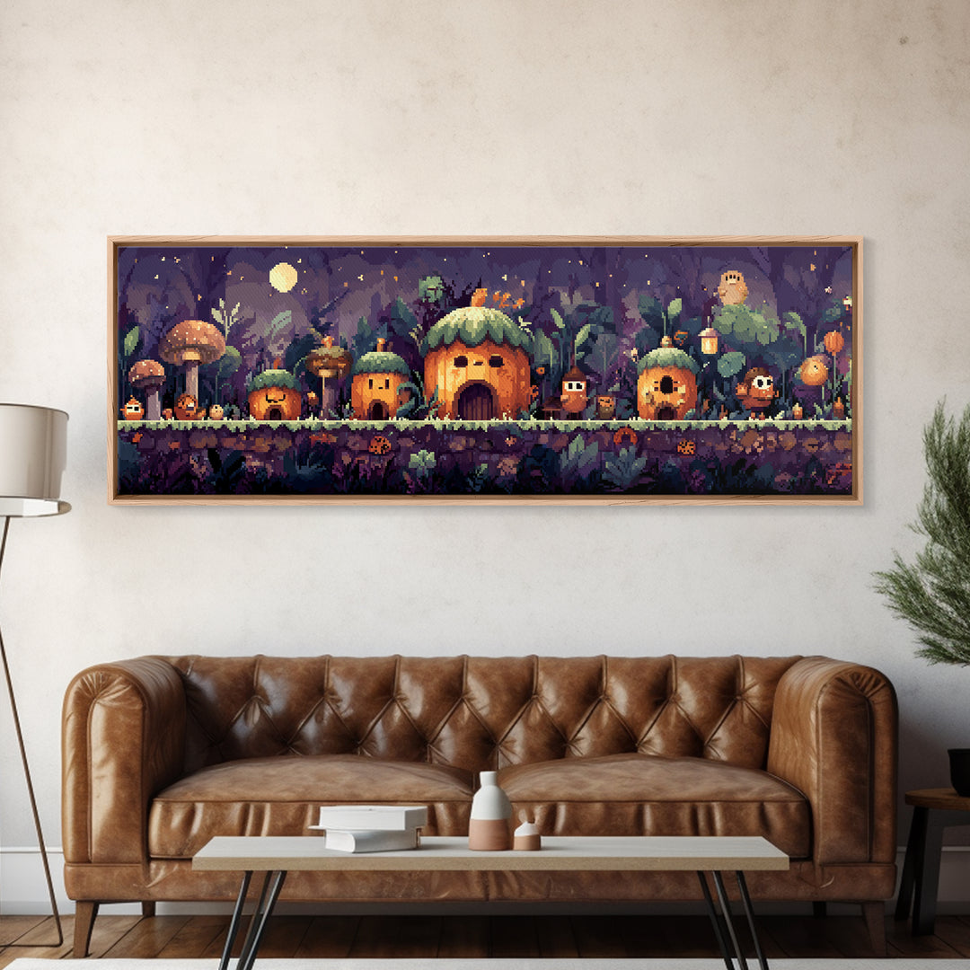 The Moonlit Acorn Village, Pixel Halloween Art, Extra Wide Wall Art, Canvas Print, Cute Halloween Wall Art
