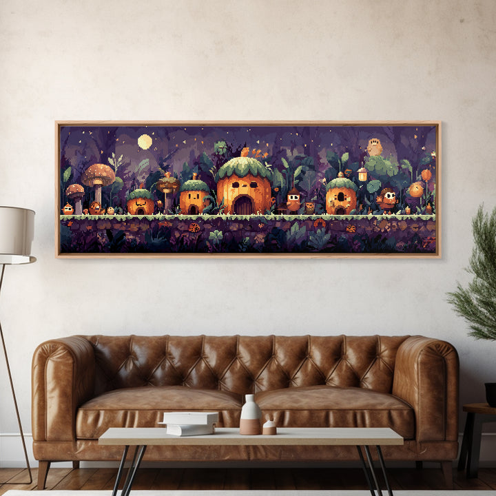 The Moonlit Acorn Village, Pixel Halloween Art, Extra Wide Wall Art, Canvas Print, Cute Halloween Wall Art