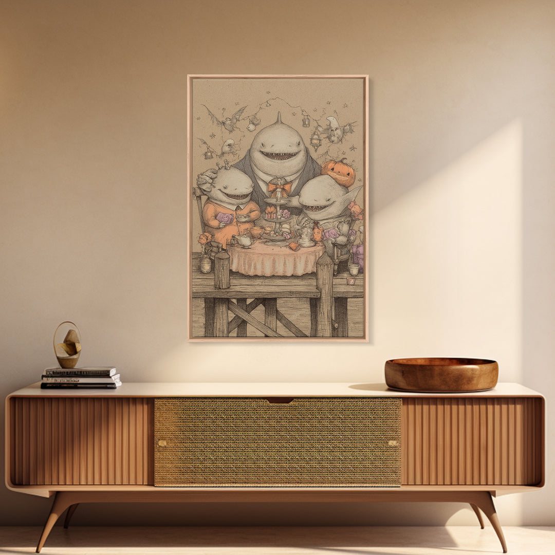 The Tea Party At Innsmouth Pier, Hand Sketch Halloween Art, Vertical Wall Art, Canvas Print, Cute Halloween Wall Art