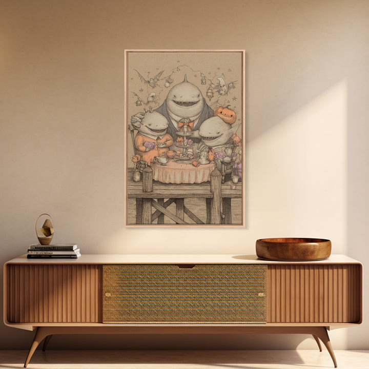 The Tea Party At Innsmouth Pier, Hand Sketch Halloween Art, Vertical Wall Art, Canvas Print, Cute Halloween Wall Art