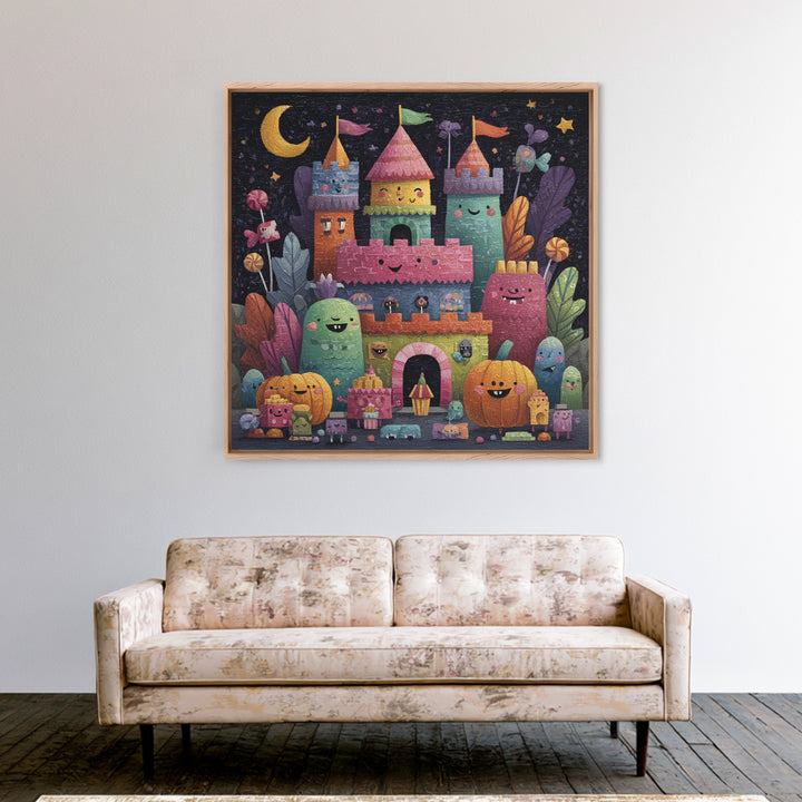 The Candy Castle, Gouache Halloween Art, Square Wall Art, Canvas Print, Cute Halloween Wall Art, Halloween Kids Decor, Storybook Decor