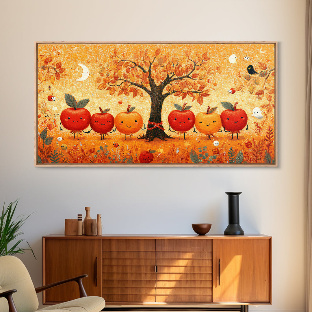 The Caramel Apple Friends, Crayon Halloween Art, Wide Panoramic Art, Framed Canvas Print, Cute Halloween Wall Art
