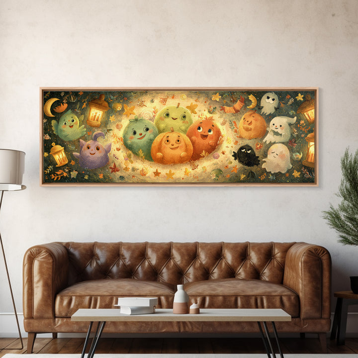 The Halloween Story Circle, Pastel Halloween Art, Extra Wide Wall Art, Canvas Print, Cute Halloween Wall Art