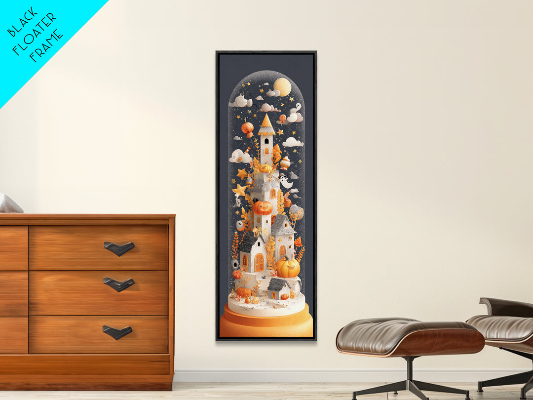 Halloween Inside A Snow Globe, Paper Collage Halloween, Tall Narrow Wall Art, Framed Canvas Print, Cute Halloween Wall Art