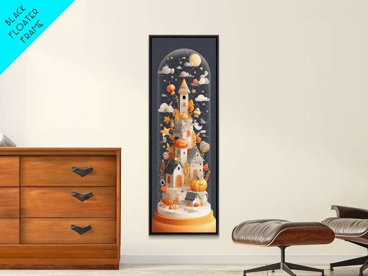 Halloween Inside A Snow Globe, Paper Collage Halloween, Tall Narrow Wall Art, Framed Canvas Print, Cute Halloween Wall Art