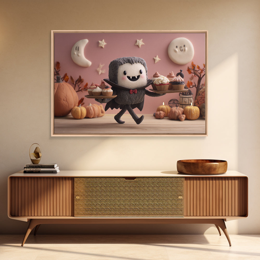 The Cupcake Vampire, Clay Halloween Art, Landscape Wall Art, Framed Canvas Print, Cute Halloween Wall Art