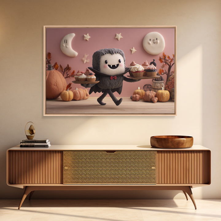 The Cupcake Vampire, Clay Halloween Art, Landscape Wall Art, Framed Canvas Print, Cute Halloween Wall Art