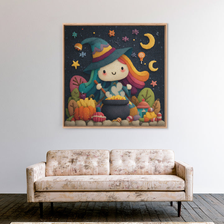 The Rainbow-Cauldron Witch, Plush Halloween Art, Square Wall Art, Canvas Print, Cute Halloween Wall Art