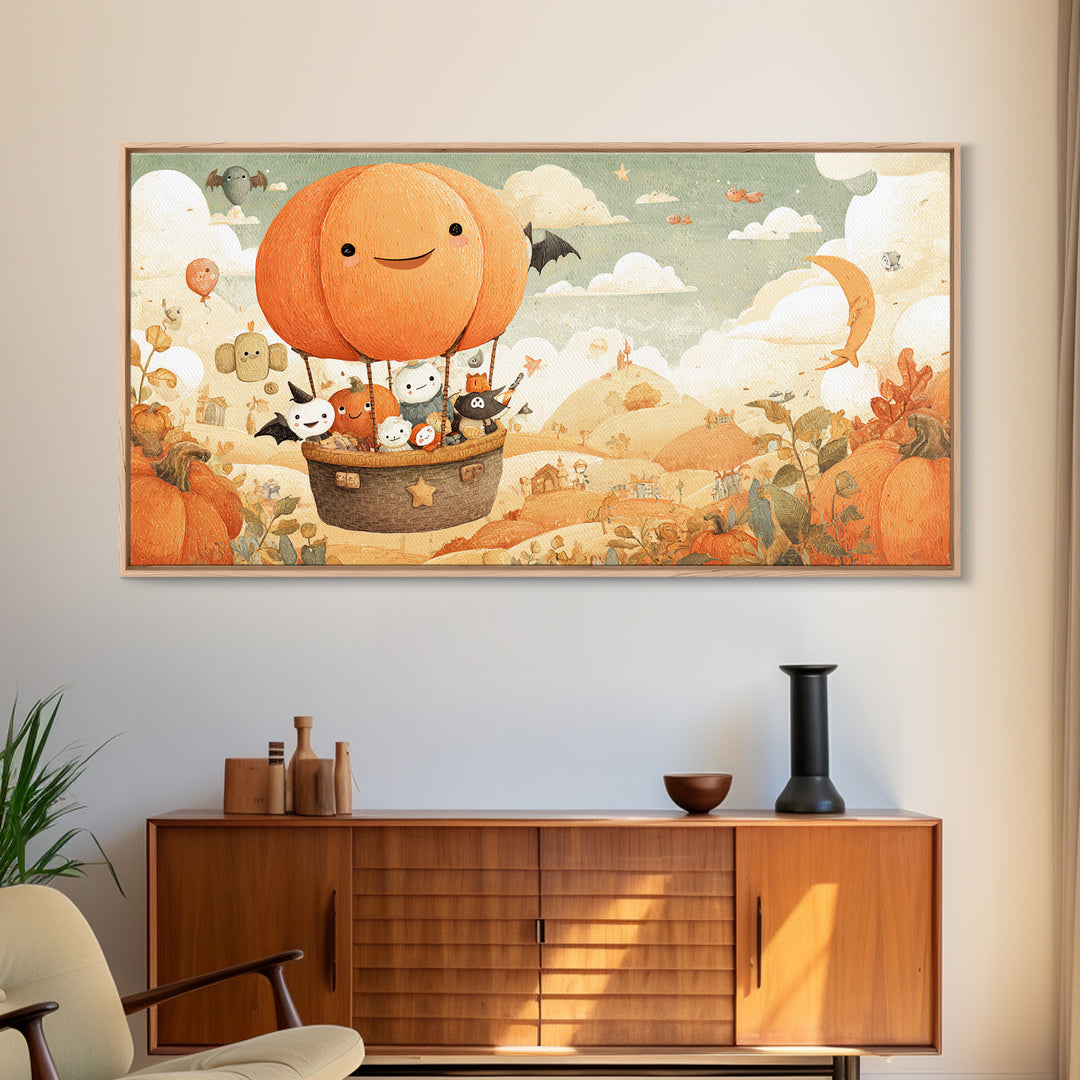 The Pumpkin Hot-Air Balloon, Kawaii Halloween Art, Wide Panoramic Art, Framed Canvas Print, Cute Halloween Wall Art