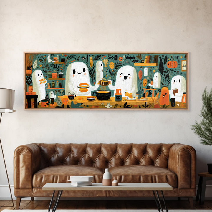 The Ghost Family Breakfast, Retro Halloween Art, Extra Wide Wall Art, Canvas Print, Cute Halloween Wall Art