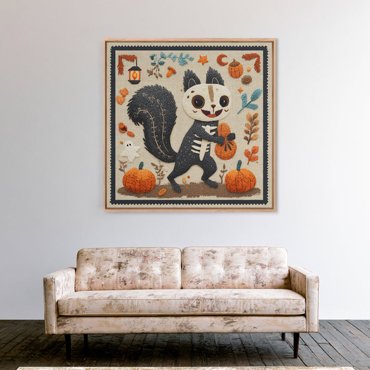 The Squirrel Skeleton, Embroidered Halloween Art, Square Wall Art, Canvas Print, Cute Halloween Wall Art