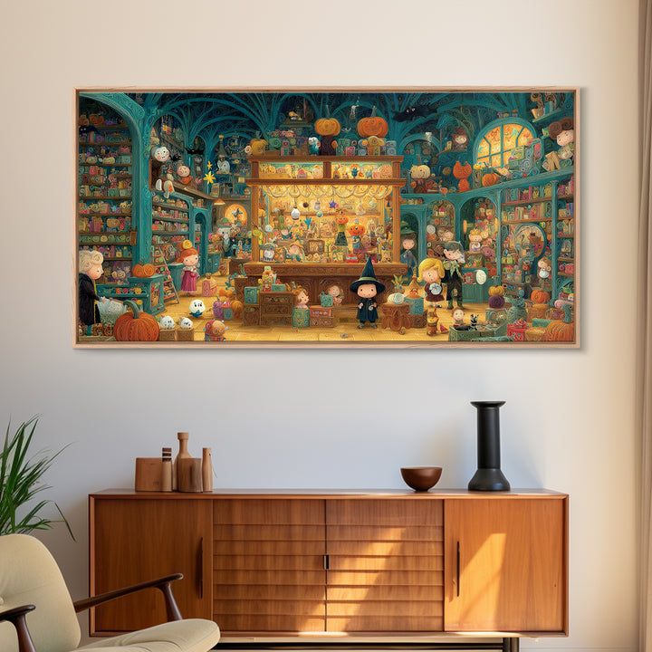 The Moonlight Toy Shop, Quilled Halloween Art, Wide Panoramic Art, Framed Canvas Print, Cute Halloween Wall Art