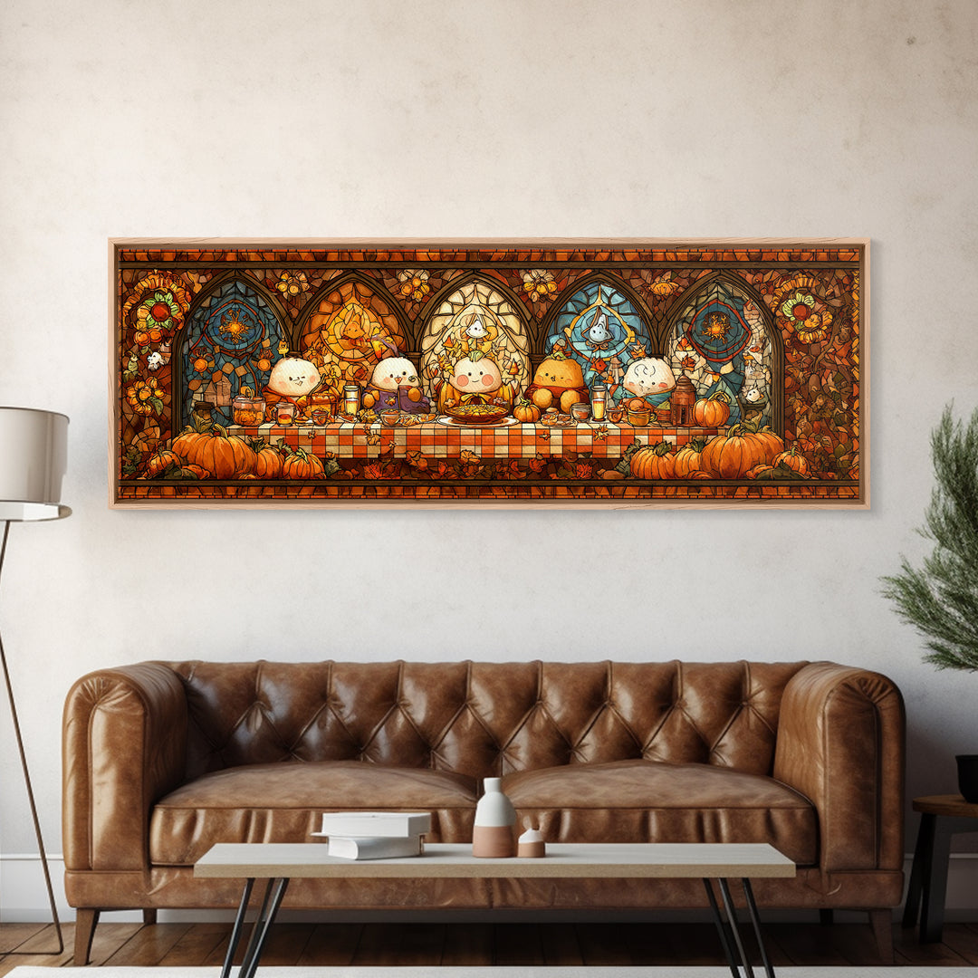 The Candy Corn Picnic, Stained Glass Halloween, Extra Wide Wall Art, Canvas Print, Cute Halloween Wall Art