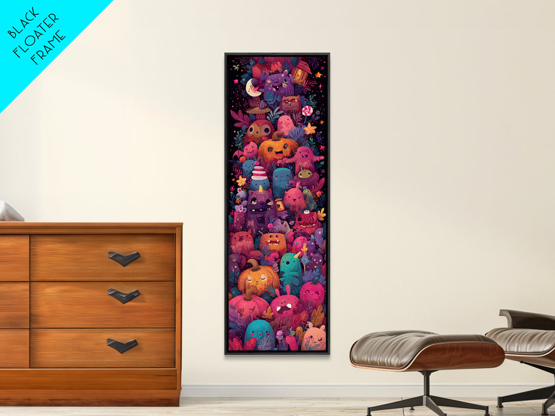 The Monster Hide-And-Seek Game, Vaporwave Halloween Art, Tall Narrow Wall Art, Framed Canvas Print, Cute Halloween Wall Art