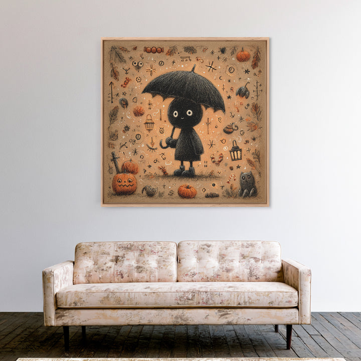 The Umbrella Of The Outer Rain, Hand Sketch Halloween Art, Square Wall Art, Canvas Print, Cute Halloween Wall Art
