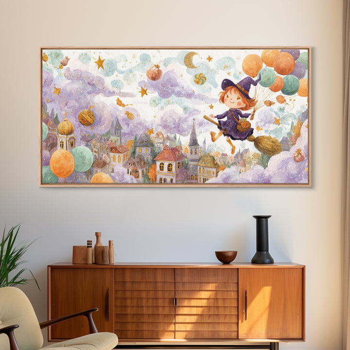 The Witch With A Balloon Broom, Watercolor Halloween Art, Wide Panoramic Art, Framed Canvas Print, Cute Halloween Wall Art