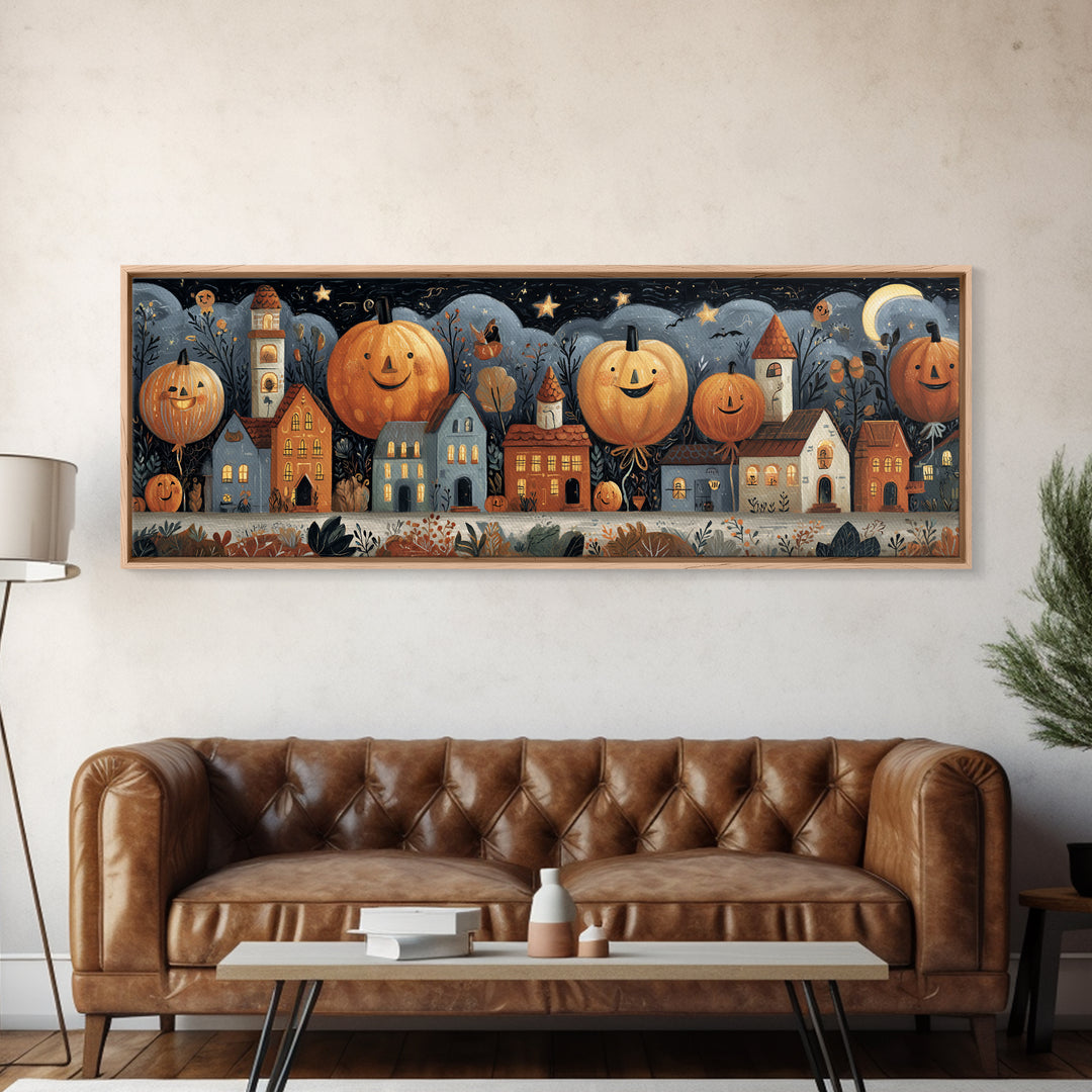 The Pumpkin Balloon Parade, Gouache Halloween Art, Extra Wide Wall Art, Canvas Print, Cute Halloween Wall Art