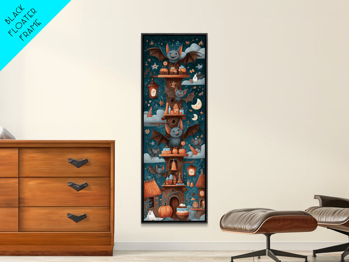 The Brownie Bat Bakery, Crayon Halloween Art, Tall Narrow Wall Art, Framed Canvas Print, Cute Halloween Wall Art