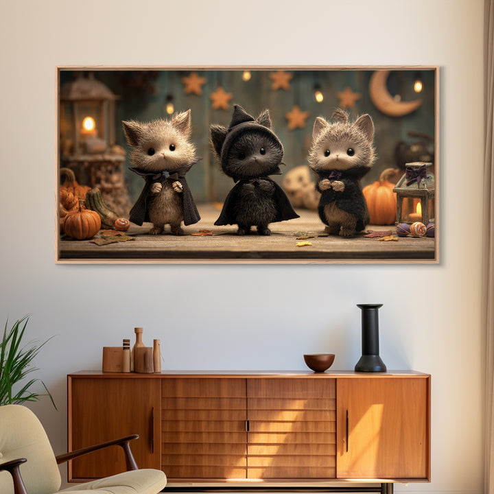 The Kitten Vampire, Clay Halloween Art, Wide Panoramic Art, Framed Canvas Print, Cute Halloween Wall Art