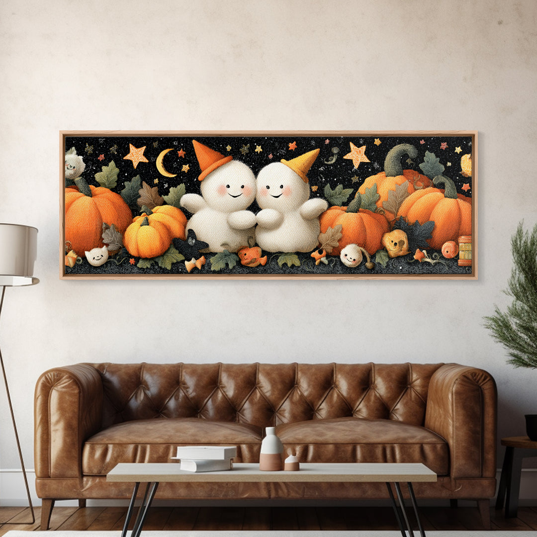 The Halloween Friendship Spell, Plush Halloween Art, Extra Wide Wall Art, Canvas Print, Cute Halloween Wall Art