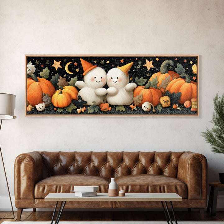 The Halloween Friendship Spell, Plush Halloween Art, Extra Wide Wall Art, Canvas Print, Cute Halloween Wall Art