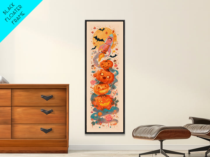 The Pumpkin Rocket Ship, Kawaii Halloween Art, Tall Narrow Wall Art, Framed Canvas Print, Cute Halloween Wall Art, Storybook Decor