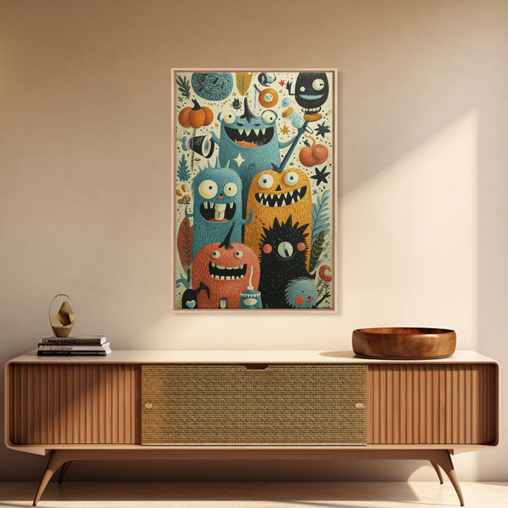 The Monster Toothbrush Club, Retro Halloween Art, Vertical Wall Art, Canvas Print, Cute Halloween Wall Art