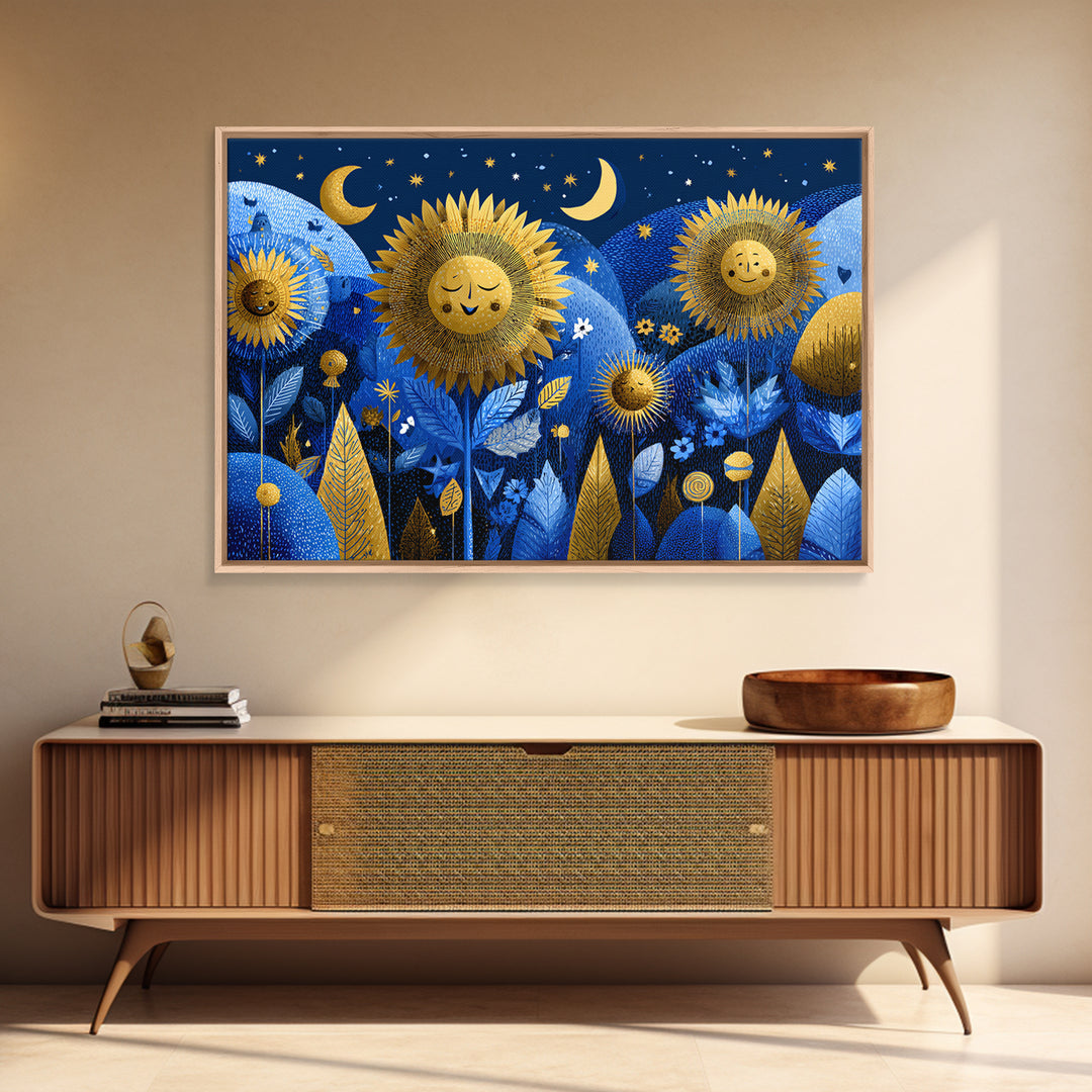 The Singing Sunflowers At Midnight, Screenprint Halloween Art, Landscape Wall Art, Framed Canvas Print, Cute Halloween Wall Art