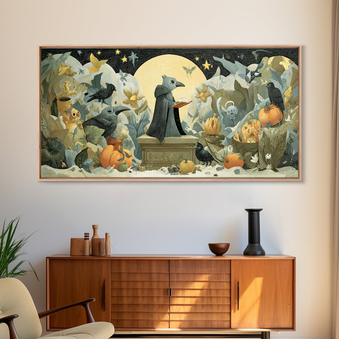 The Raven Sermon Of Leng, Linocut Halloween Art, Wide Panoramic Art, Framed Canvas Print, Cute Halloween Wall Art