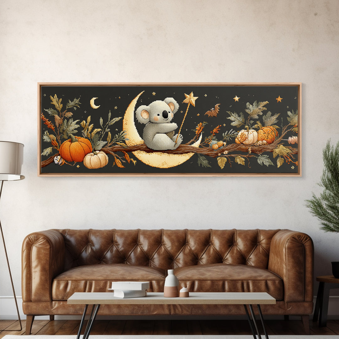 The Koala Wizard, Embroidered Halloween Art, Extra Wide Wall Art, Canvas Print, Cute Halloween Wall Art