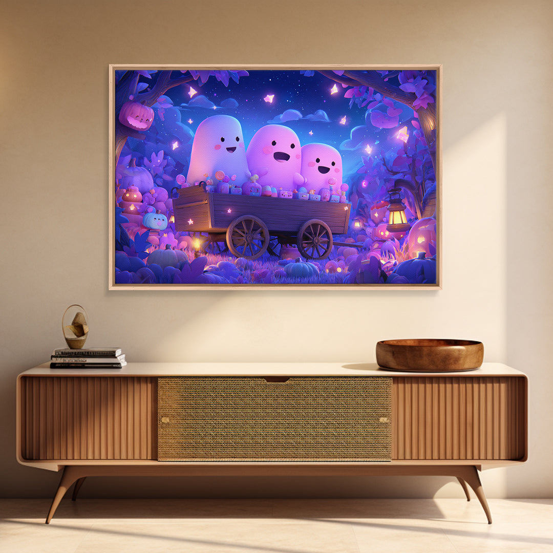 The Friendly Haunted Hayride, Vaporwave Halloween Art, Landscape Wall Art, Framed Canvas Print, Cute Halloween Wall Art