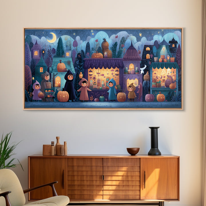 The Lantern Market Beyond The Veil, Vector Halloween Art, Wide Panoramic Art, Framed Canvas Print, Cute Halloween Wall Art