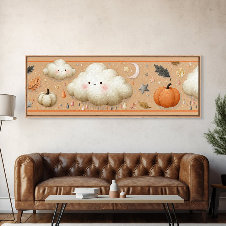 The Cloud Ghost, Hand Sketch Halloween Art, Extra Wide Wall Art, Canvas Print, Cute Halloween Wall Art