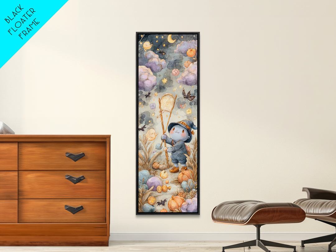 The Cloud-Catching Wizard, Watercolor Halloween Art, Tall Narrow Wall Art, Framed Canvas Print, Cute Halloween Wall Art