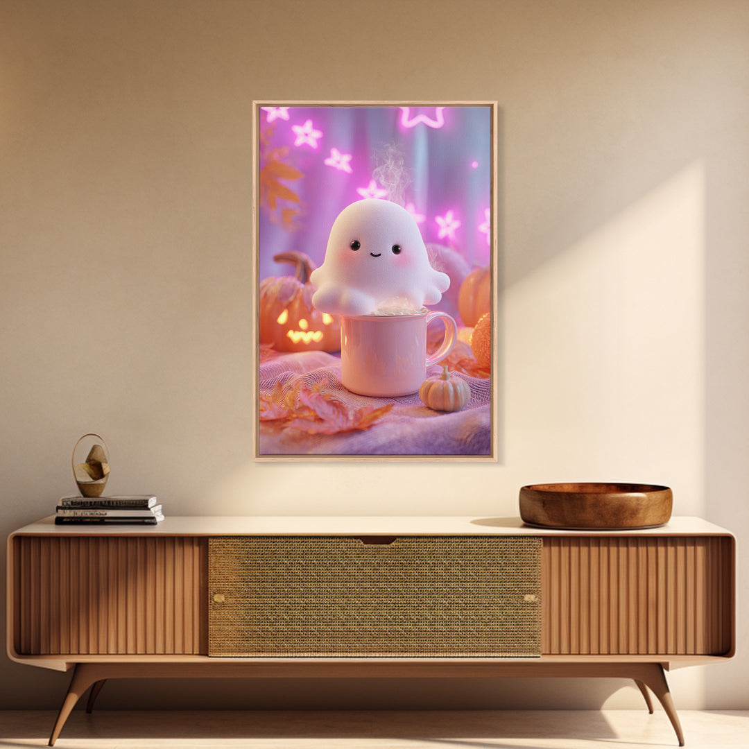 The Marshmallow Ghost, Vaporwave Halloween Decor, Vertical Wall Art, Framed Canvas Print, Retro Halloween Decor, Neon Wall Art