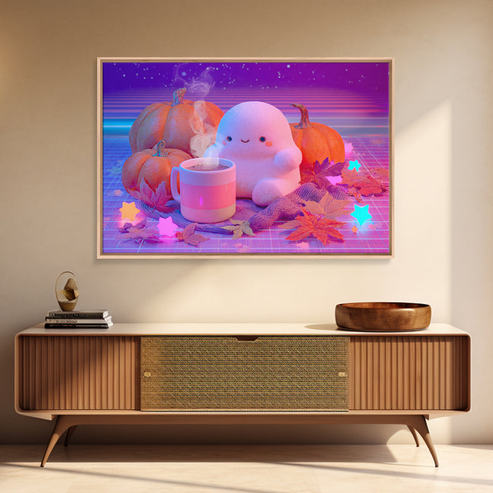 The Marshmallow Ghost, Cute Spooky Neon Art, Landscape Wall Art, Framed Canvas Print, Retro Halloween Decor, Neon Wall Art, Macabre Wall Art