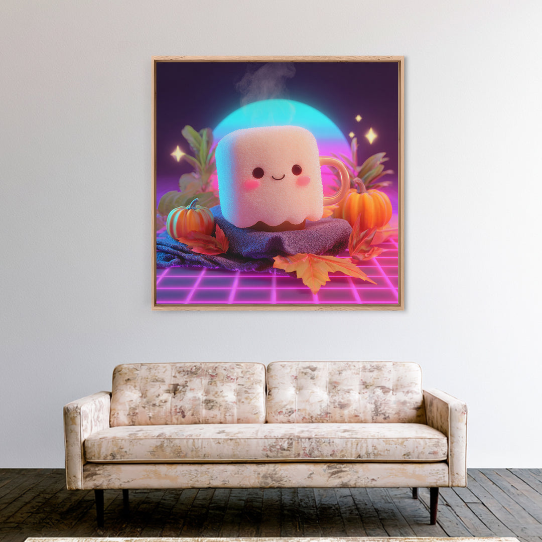 The Marshmallow Ghost, Vaporwave Halloween Decor, Square Wall Art, Framed Canvas Print, Retro Halloween Decor, Neon Wall Art